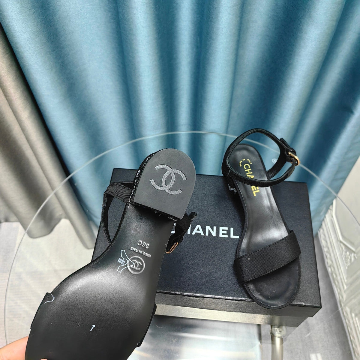 CHANEL Chunky Heel Rhinestone Sandals Black Lambskin
