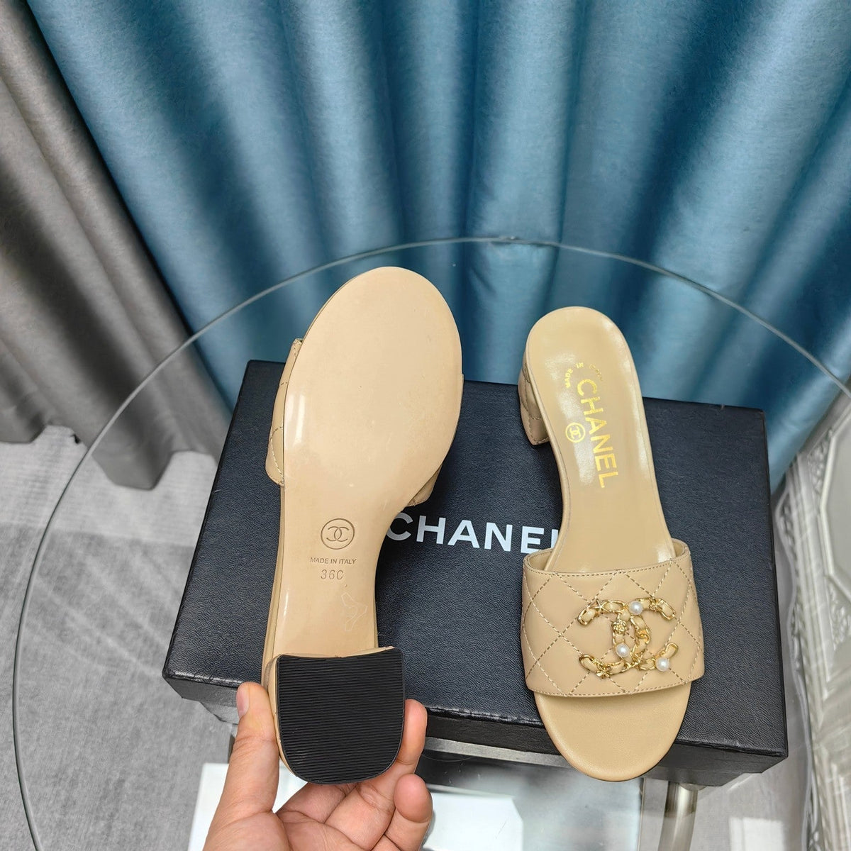 CHANEL MULE SLIDE SANDAL IN BEIGE CREAM LAMBSKIN
