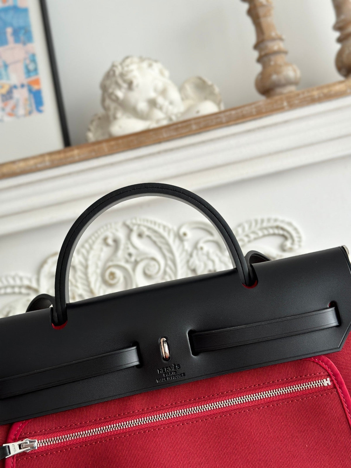 HERMES ZIP CABINE 31 BAG IN RUBY RED CANVAS AND BLACK CALFSKIN