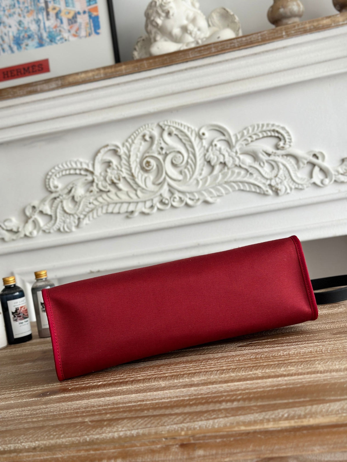 HERMES ZIP CABINE 31 BAG IN RUBY RED CANVAS AND BLACK CALFSKIN