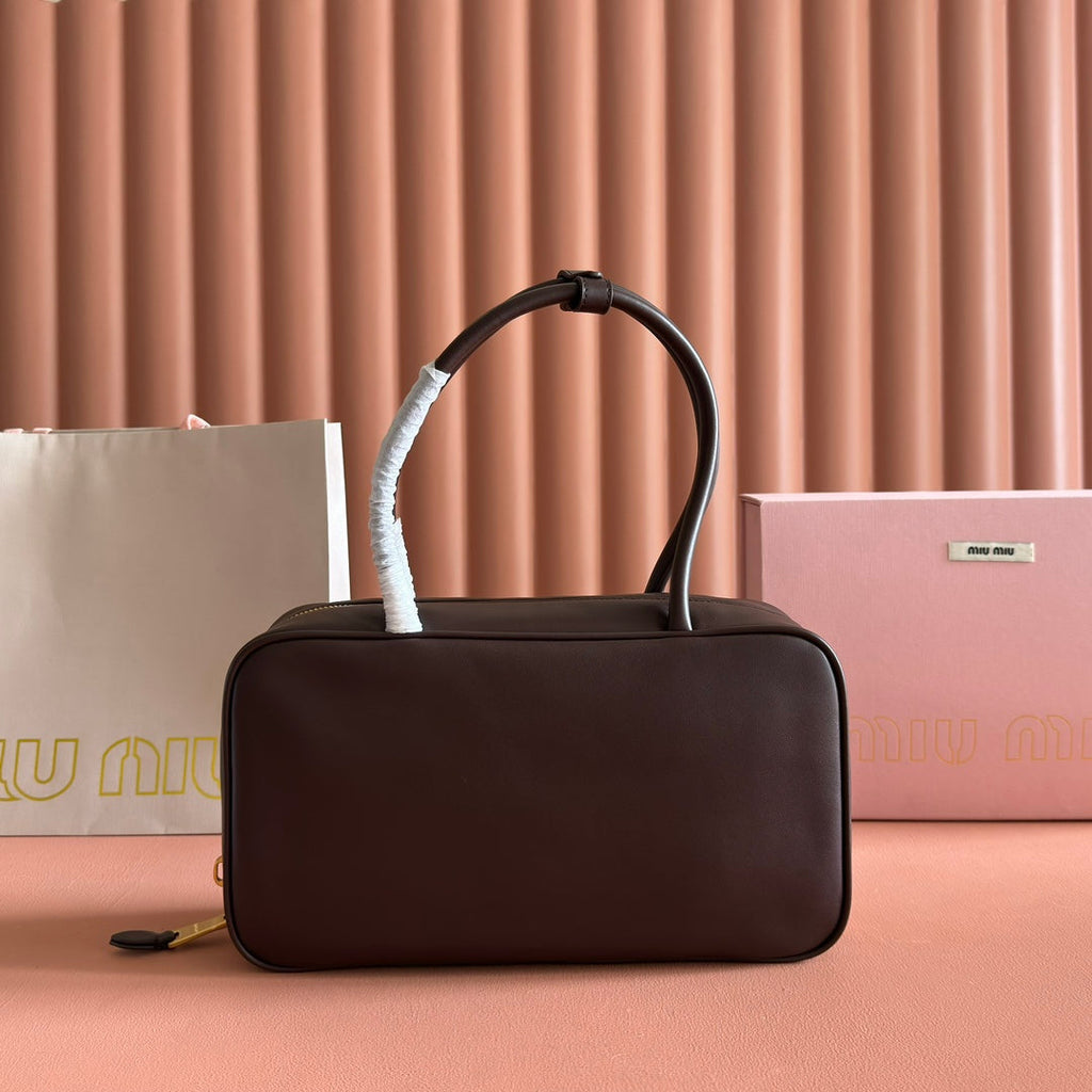 MIUMIU 26S BEAU TOP HANDLE BAG 29 IN DARK BROWN CALFSKIN GOLD HARDWARE