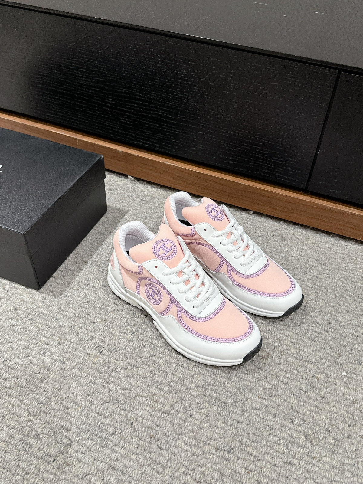 CHANEL CLASSIC TRAINER IN LIGHT PINK MIX WHITE FABRIC
