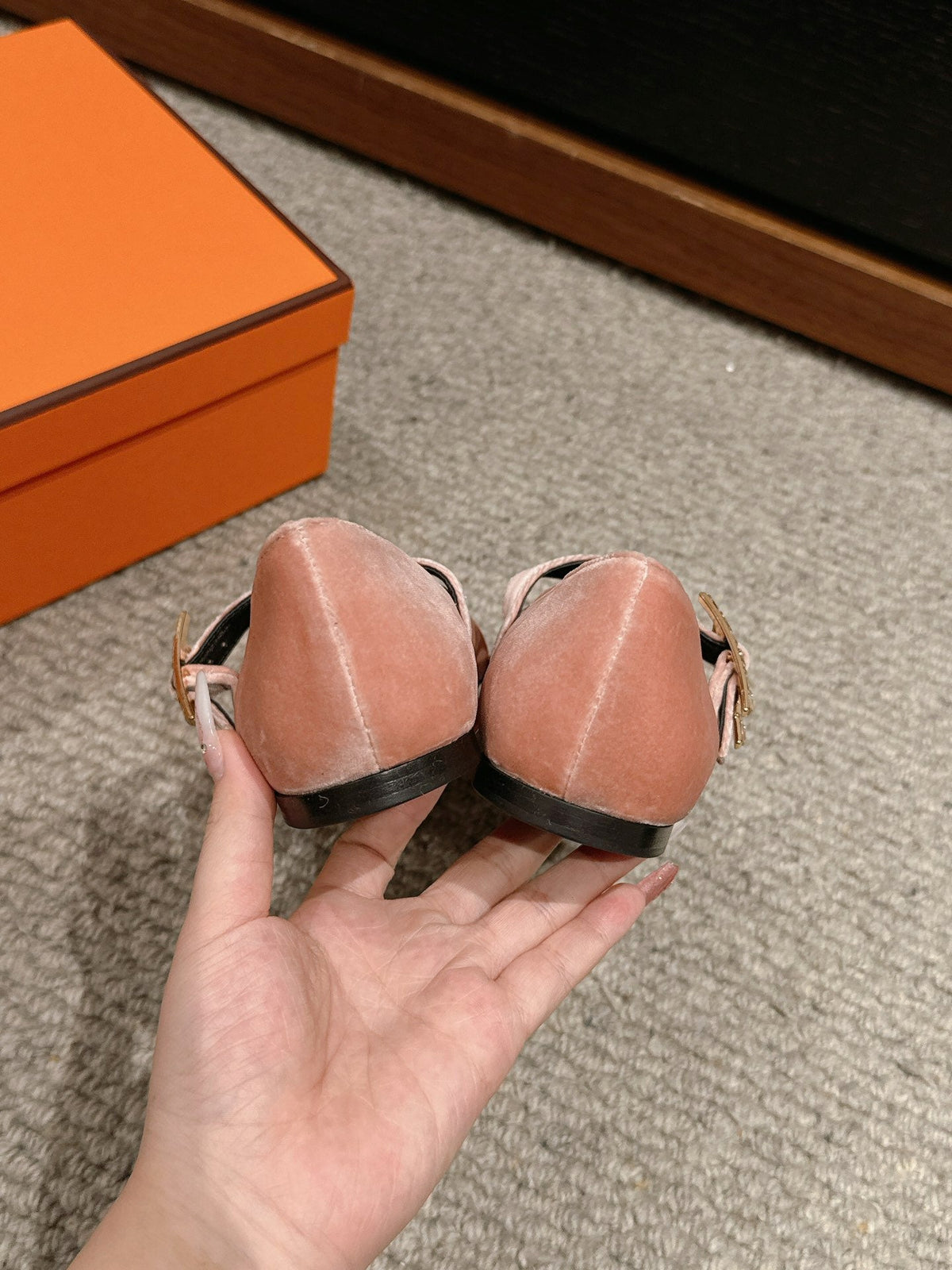 HERMES JANE BALLET FLAT PEACHY PINK VELVET