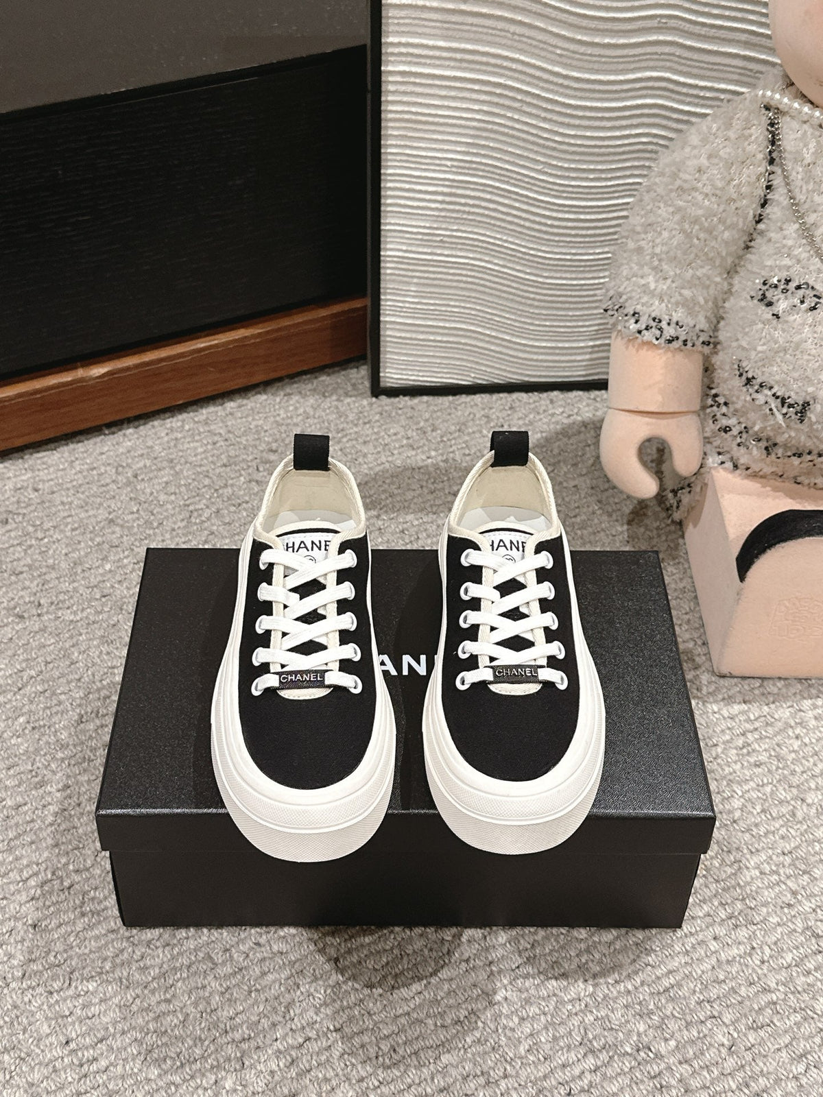 CHANEL LACE-UP SNEAKERS IN BLACK CANVAS