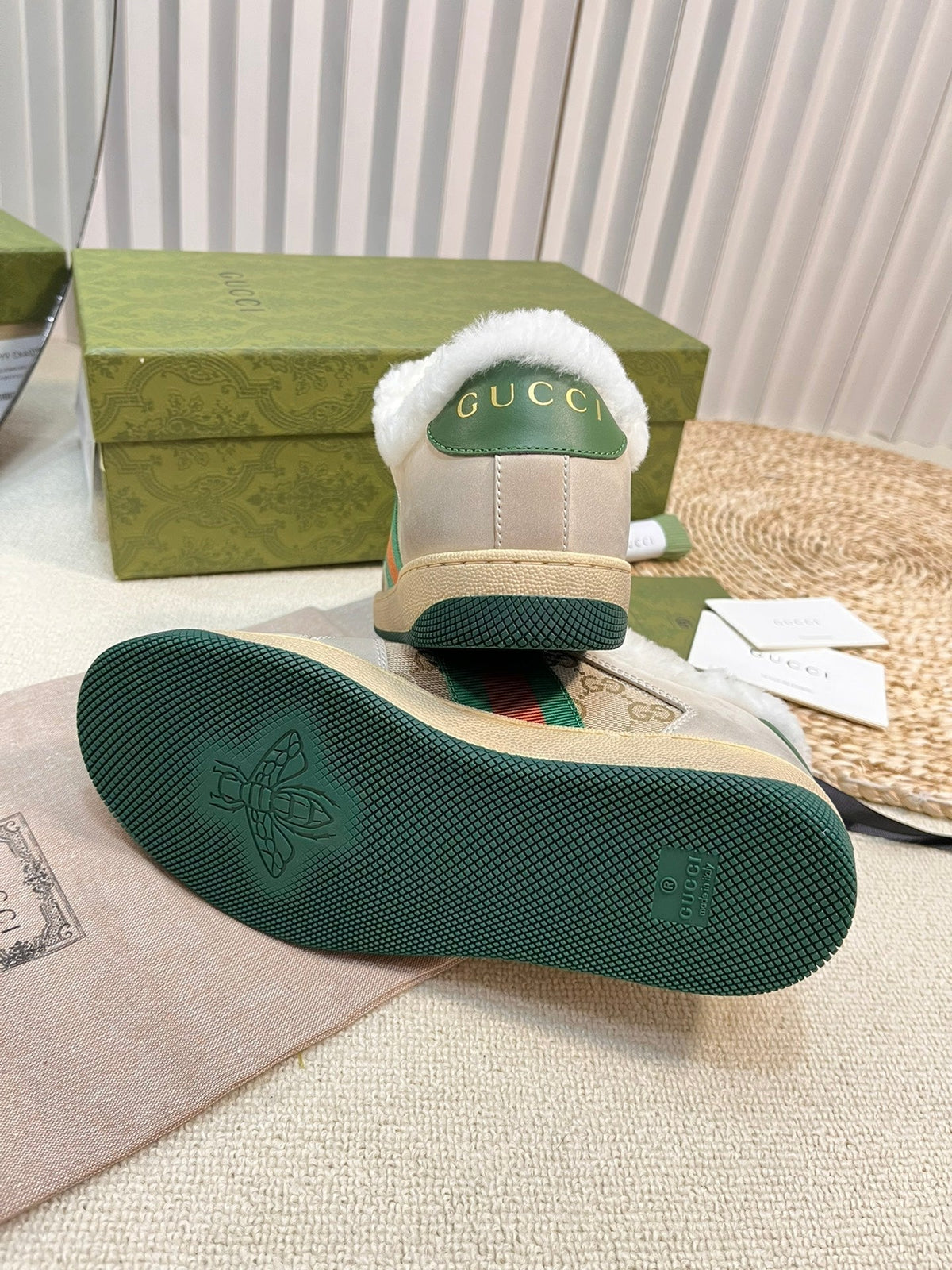 GUCCI SNEAKER WITH WEB IN BEIGE GREEN FABRIC MIX SUEDE AND LAMB WOOL LINING