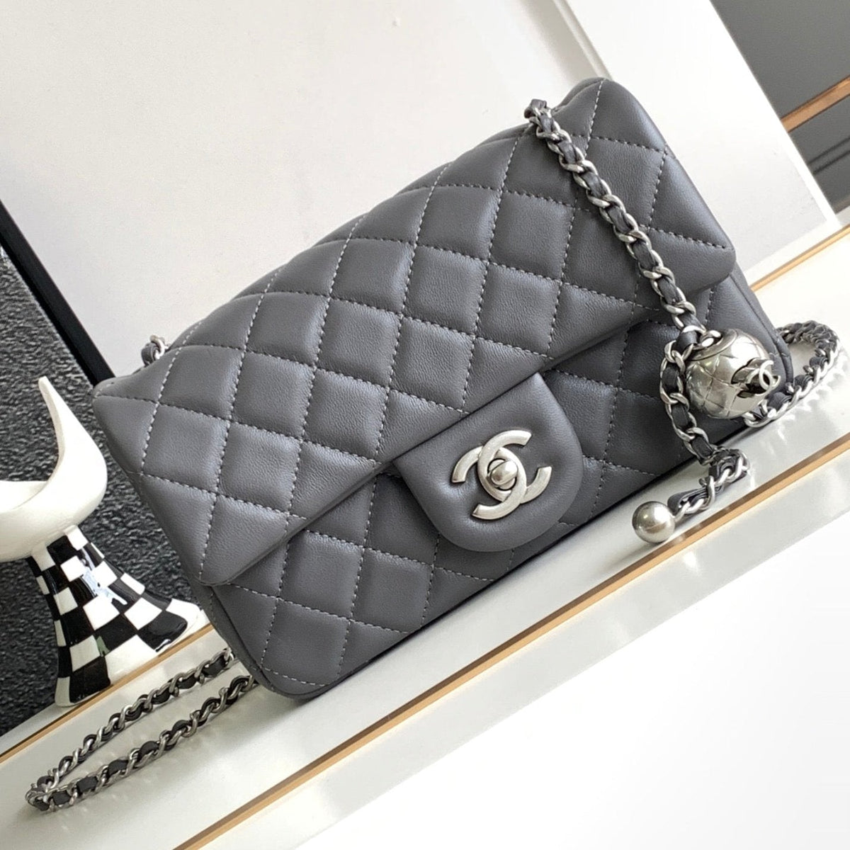 CHANEL MINI 20 FLAP BAG IN DARK GREY CALFSKIN