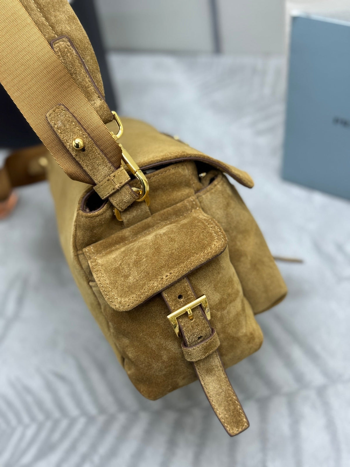PRADA 25S EXPLORE MEDIUM SHOULDER BAG 30 IN RK GOLDEN BROWN SUEDE WITH FLAP
