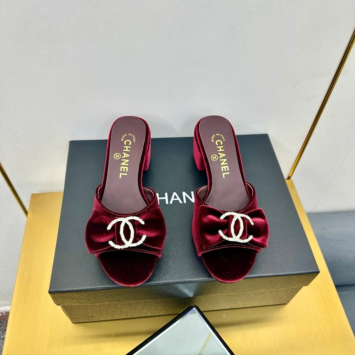 CHANEL BOWKNOT RHINESTONES MID HEEL MULE IN GARNET RED VELVET