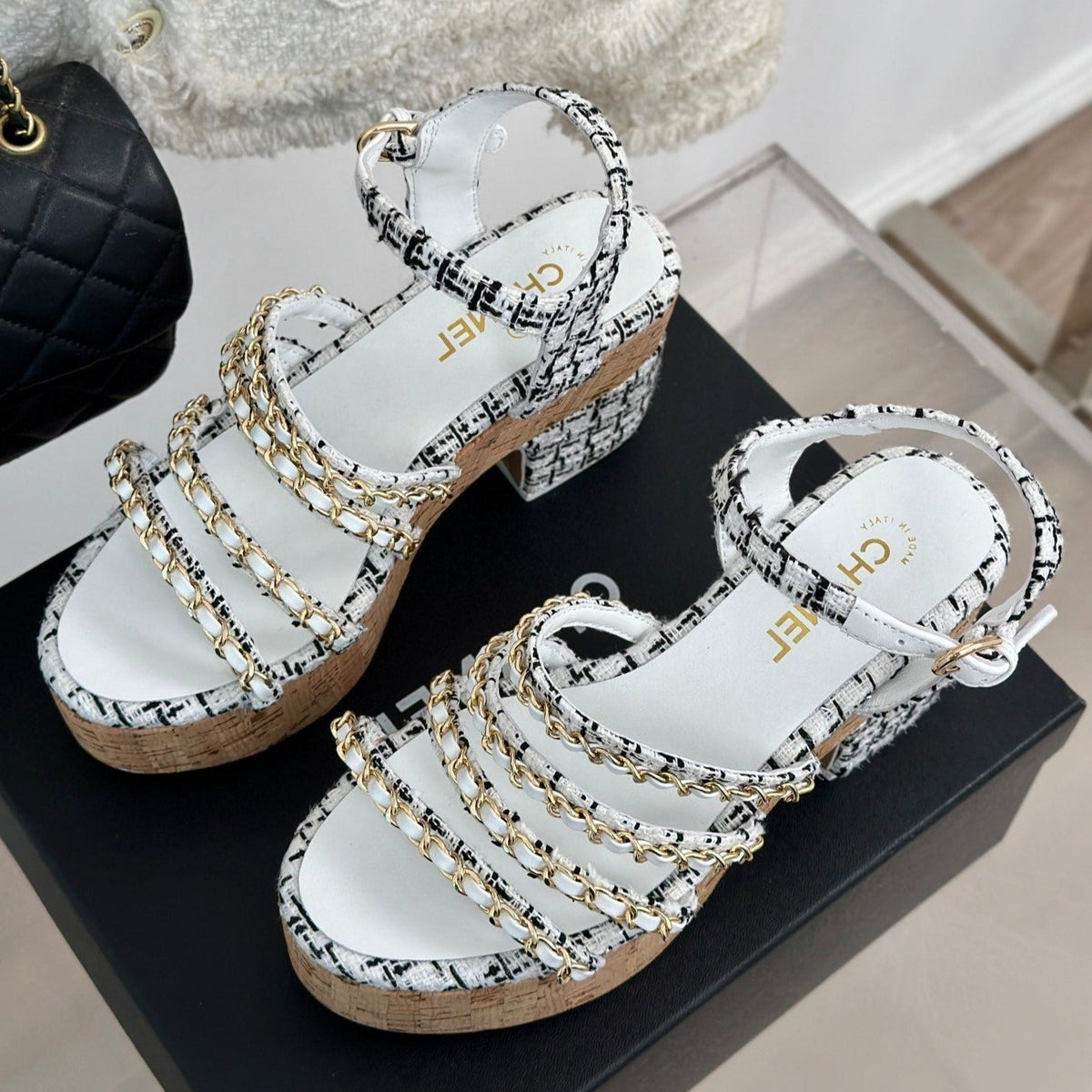 CHANEL Double C Wooden Chain Platform Block Heel Sandals Black Caro/ White