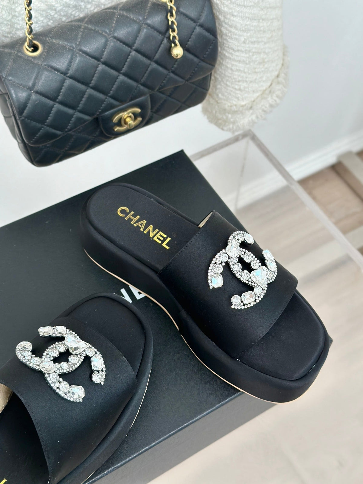 CHANEL SLIPPERS THICK SOLE IN BLACK SATIN