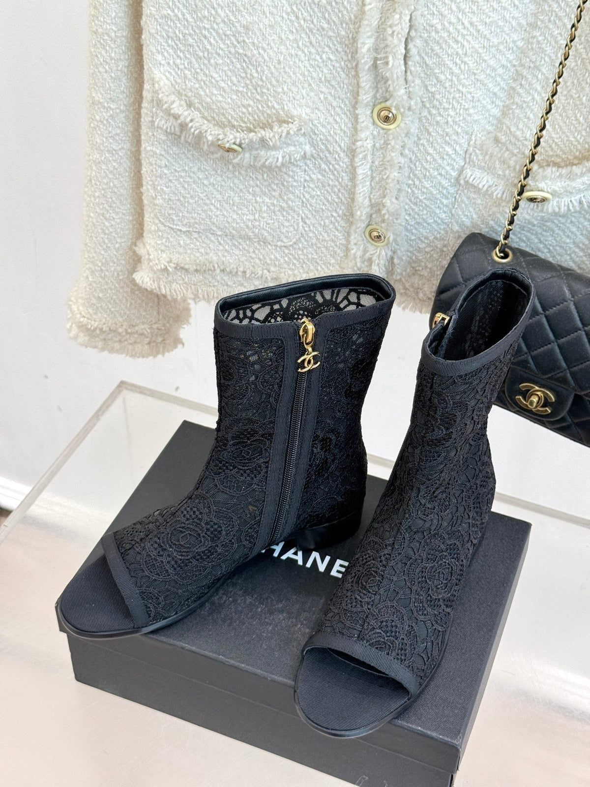CHANEL PEEP-TOE BOOTS 25SS IN BLACK EMBOSSED LACE FABRIC