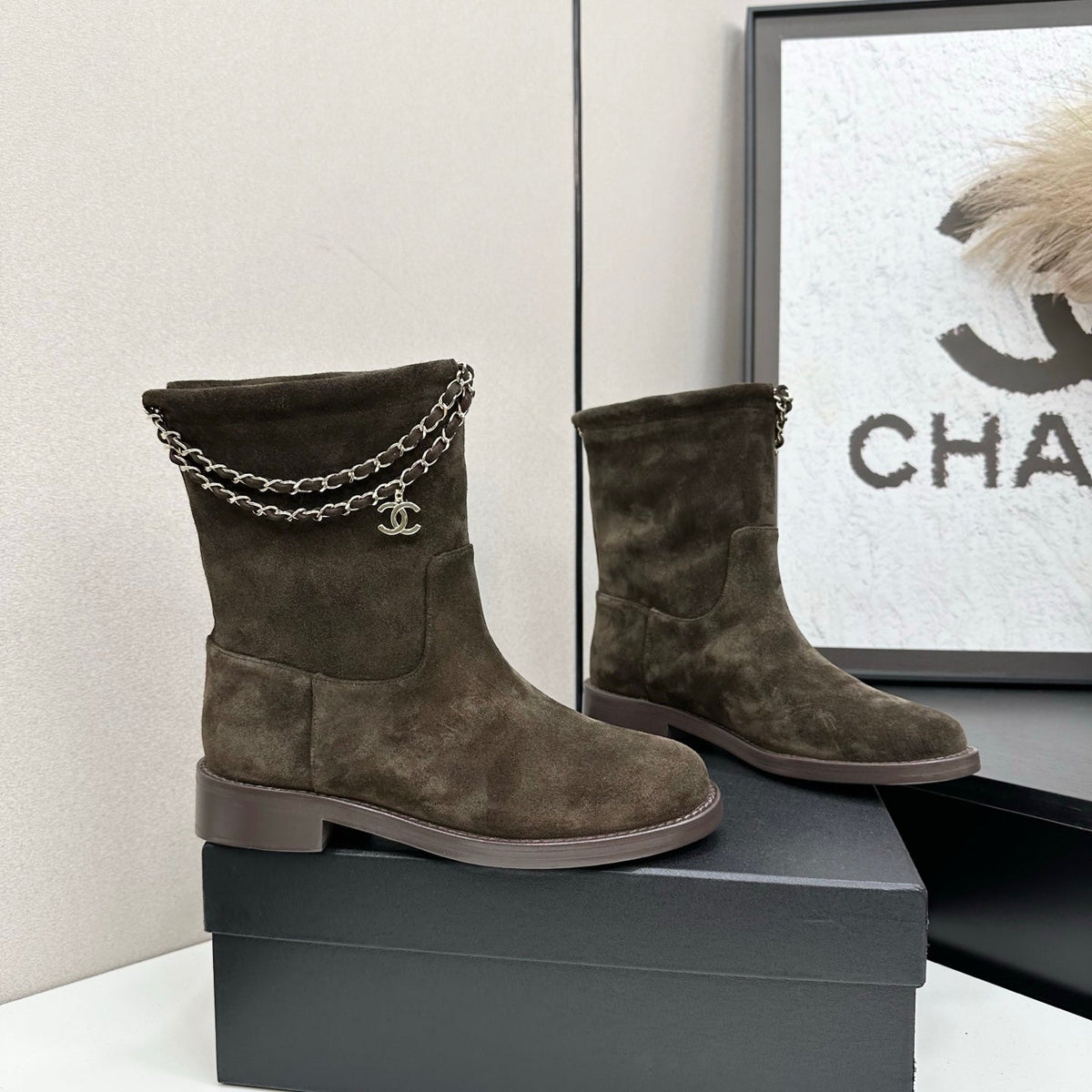CHANEL 25S SHORT BOOTS IN BROWN SUEDE SILVER HARDWARE