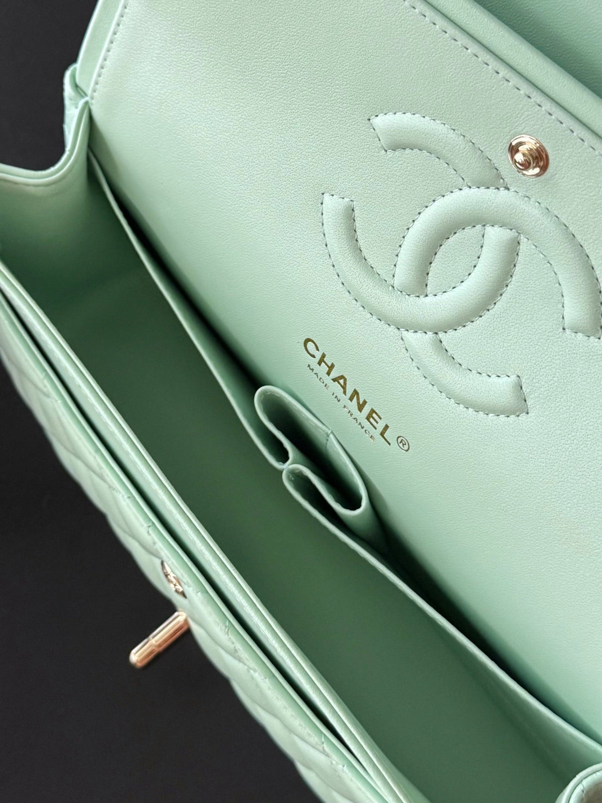 CHANEL 25S CLASSIC FLAP BAG 25 CM IN LIGHT CYAN BLUE LAMBSKIN WITH GOLD HARDWARE