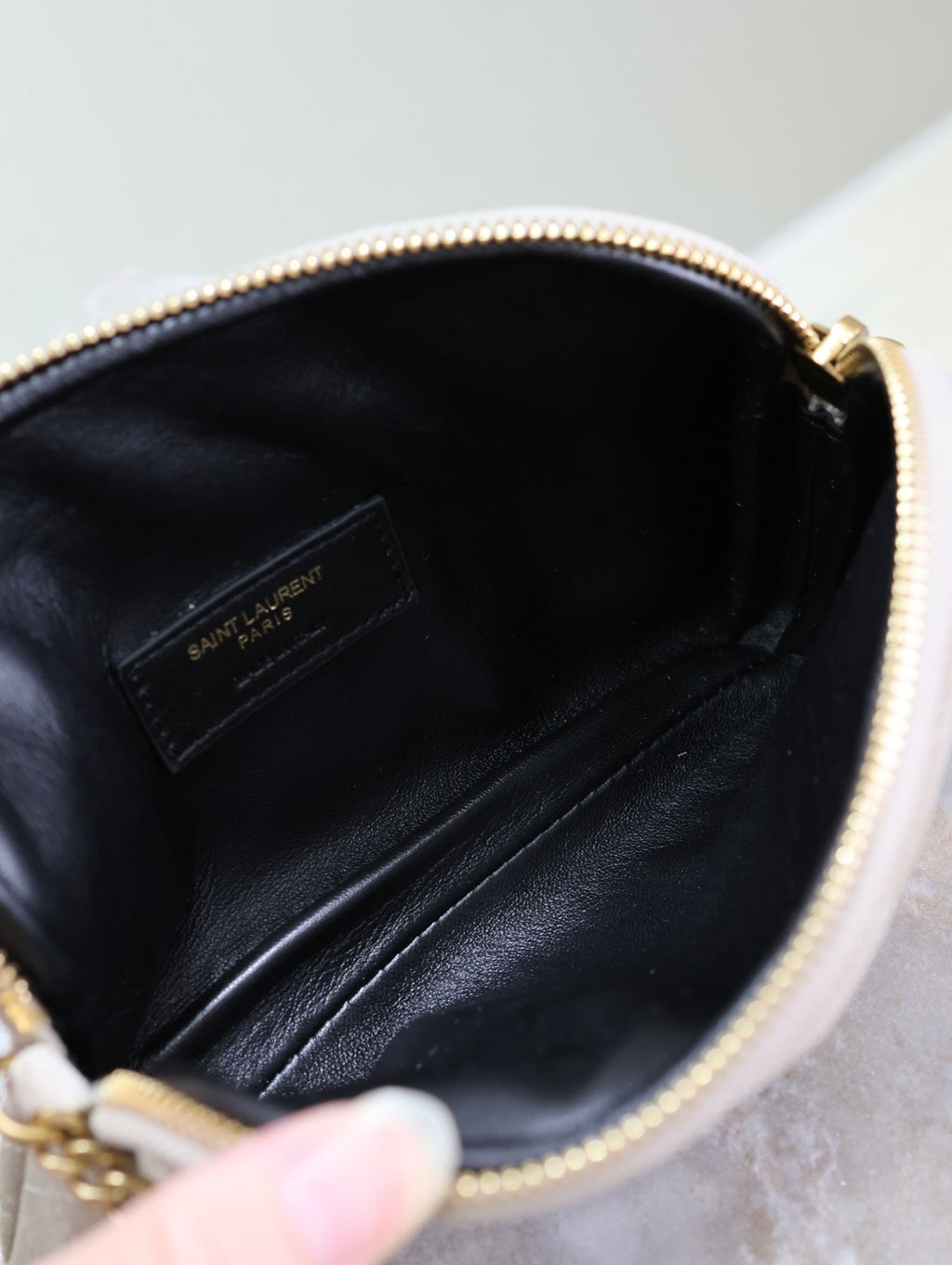 GABY ZIPPED POUCH 19 IN GRAY MATTE SUEDE GOLD HARDWARE