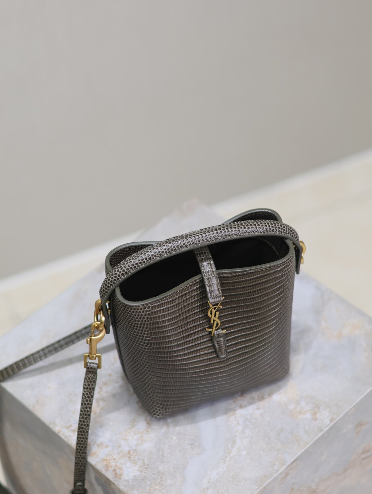 YSL 25S LE 37 MINI 15 IN BROWN LIZARD PATTERN CALFSKIN GOLD HARDWRE