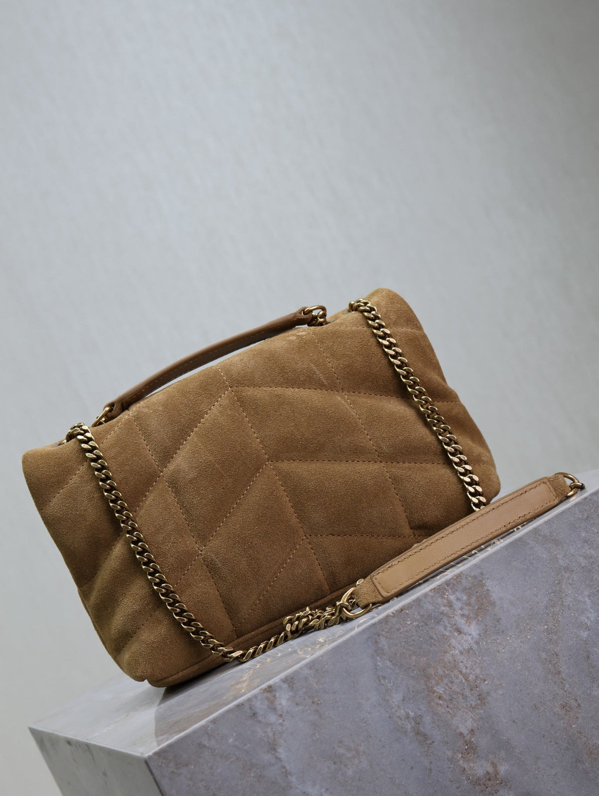 YSL 25S LOULOU PUFFER MINI 23 IN TAN BROWN SUEDE GOLD HARDWRE