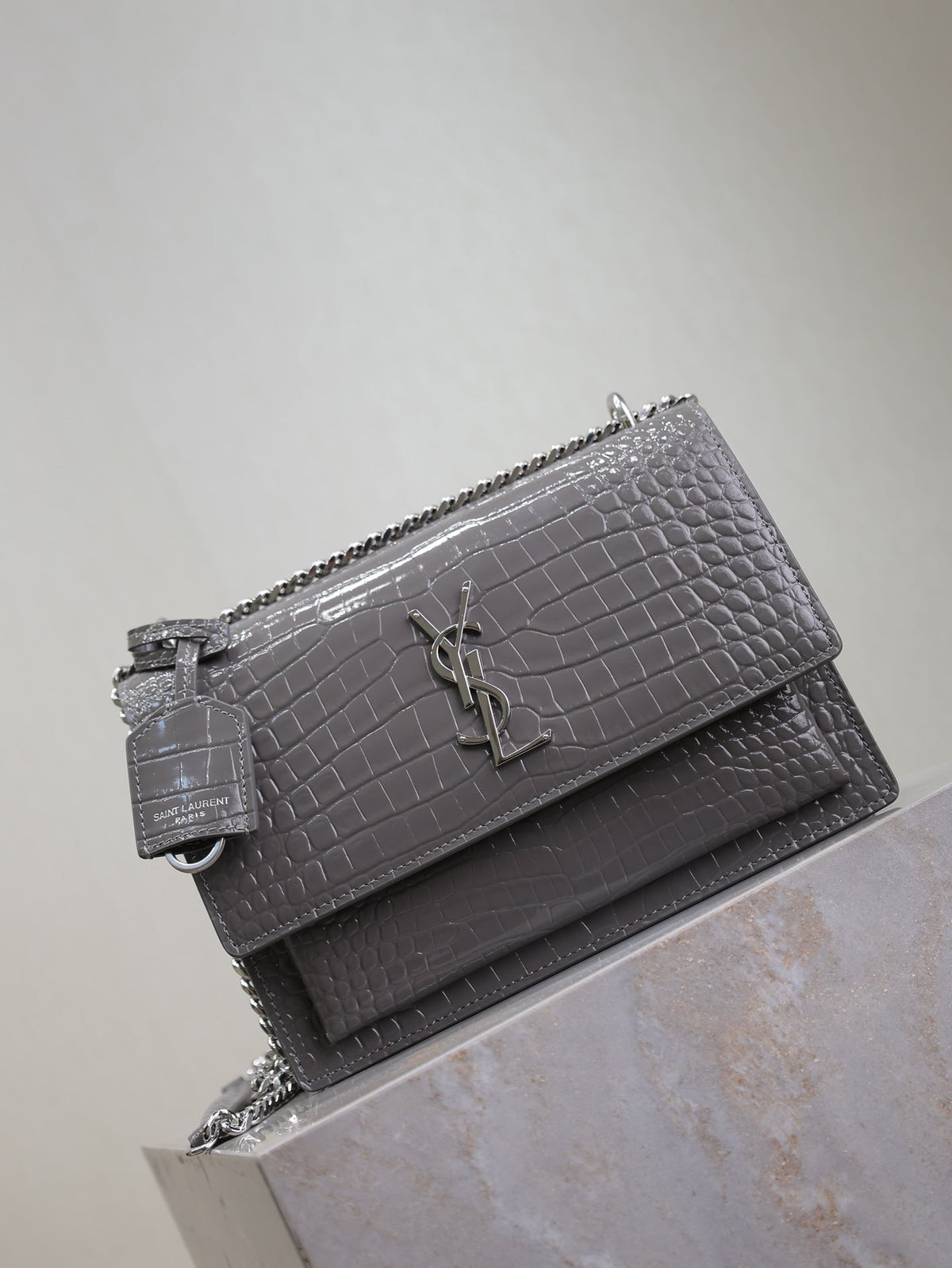 YSL 25S SUNSET MEDIUM 22 IN DARK GRAY CROCODILE-EMBOSSED SHINY CALFSKIN SILVER HARDWARE