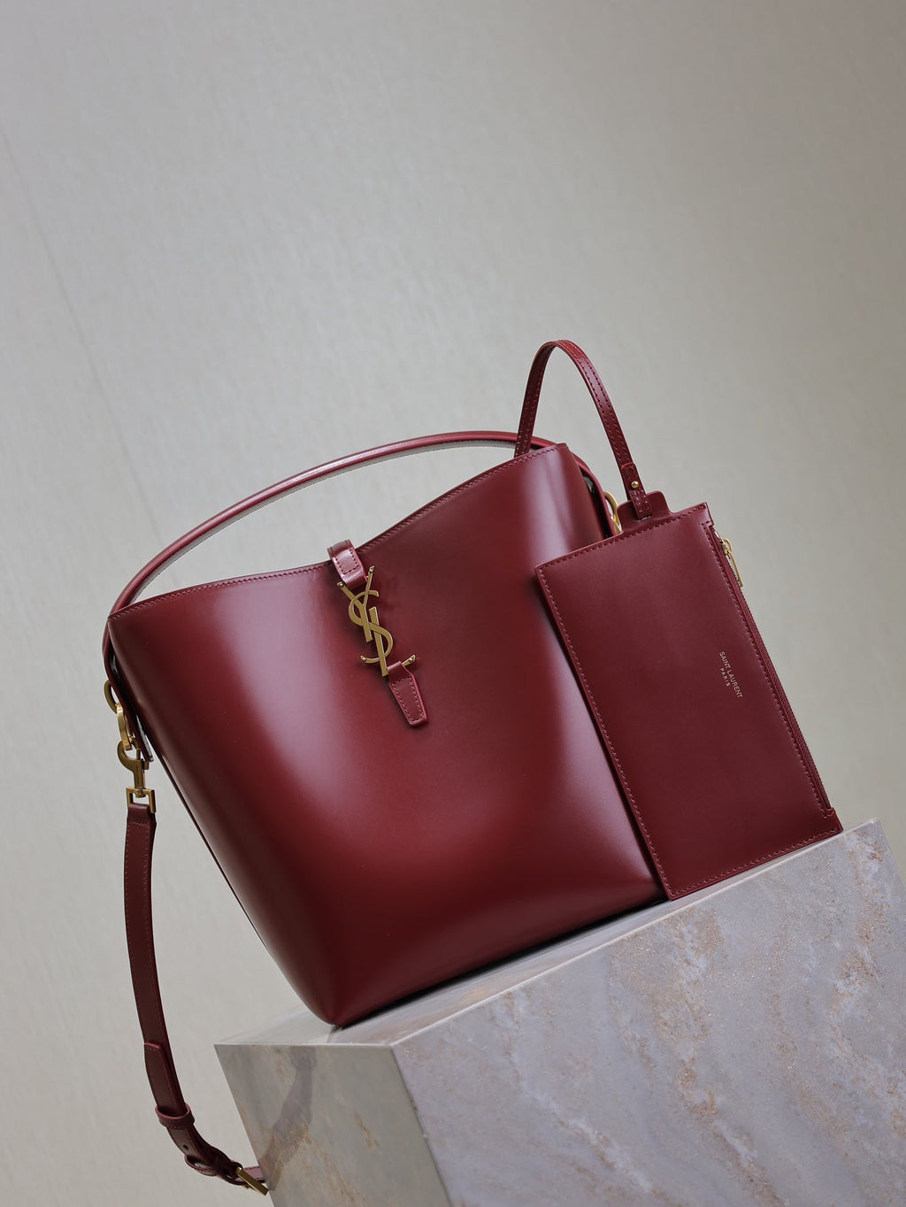YSL 25S LE 5 À 7 BUCKET 26 IN DARK BURGUNDY CALFSKIN GOLD HARDWARE