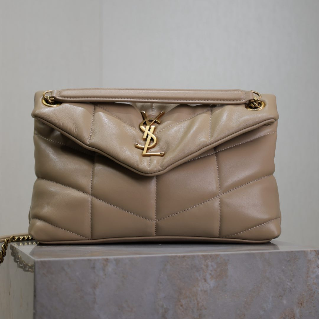 YSL 25S LOULOU PUFFER MM 29 IN BROWN CALFSKIN GOLD HARDWRE