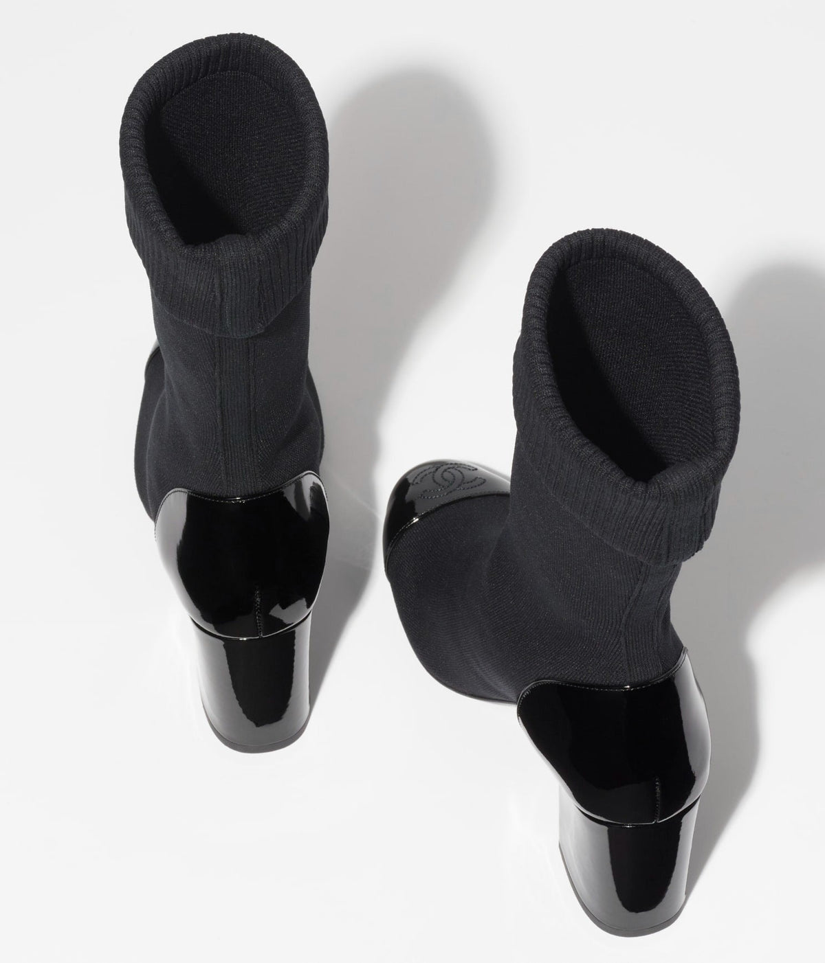 CHANEL SHORT BOOTS BLACK KNIT PATENT CALFSKIN